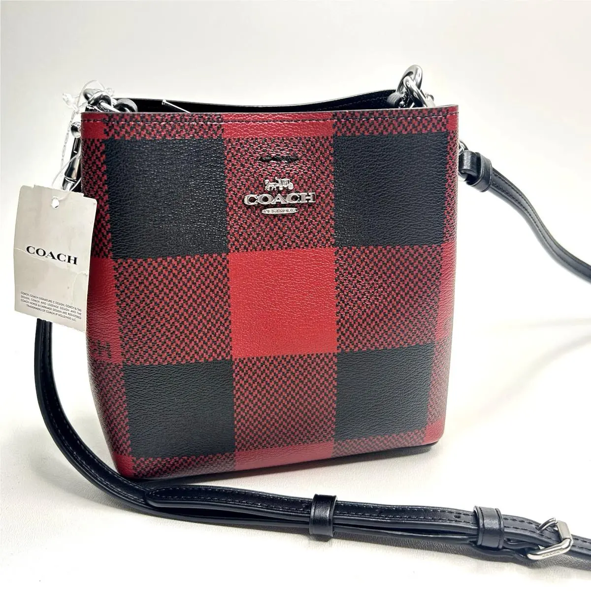 Coach Mini Town Bucket Bag Buffalo Plaid Black and Red C7267