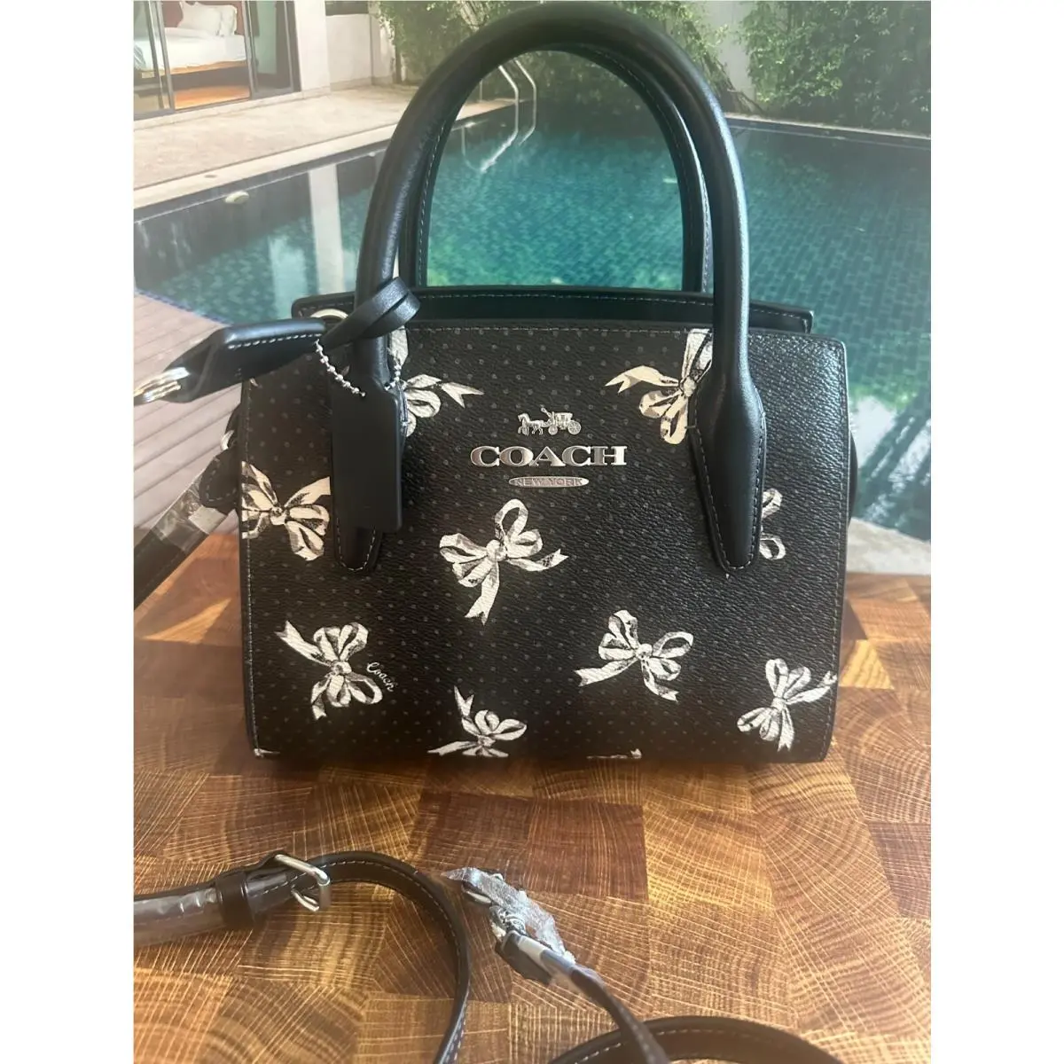 Coach CAA77 Andrea Carryall Bag w Bow Print Canvas Leather Black Multi