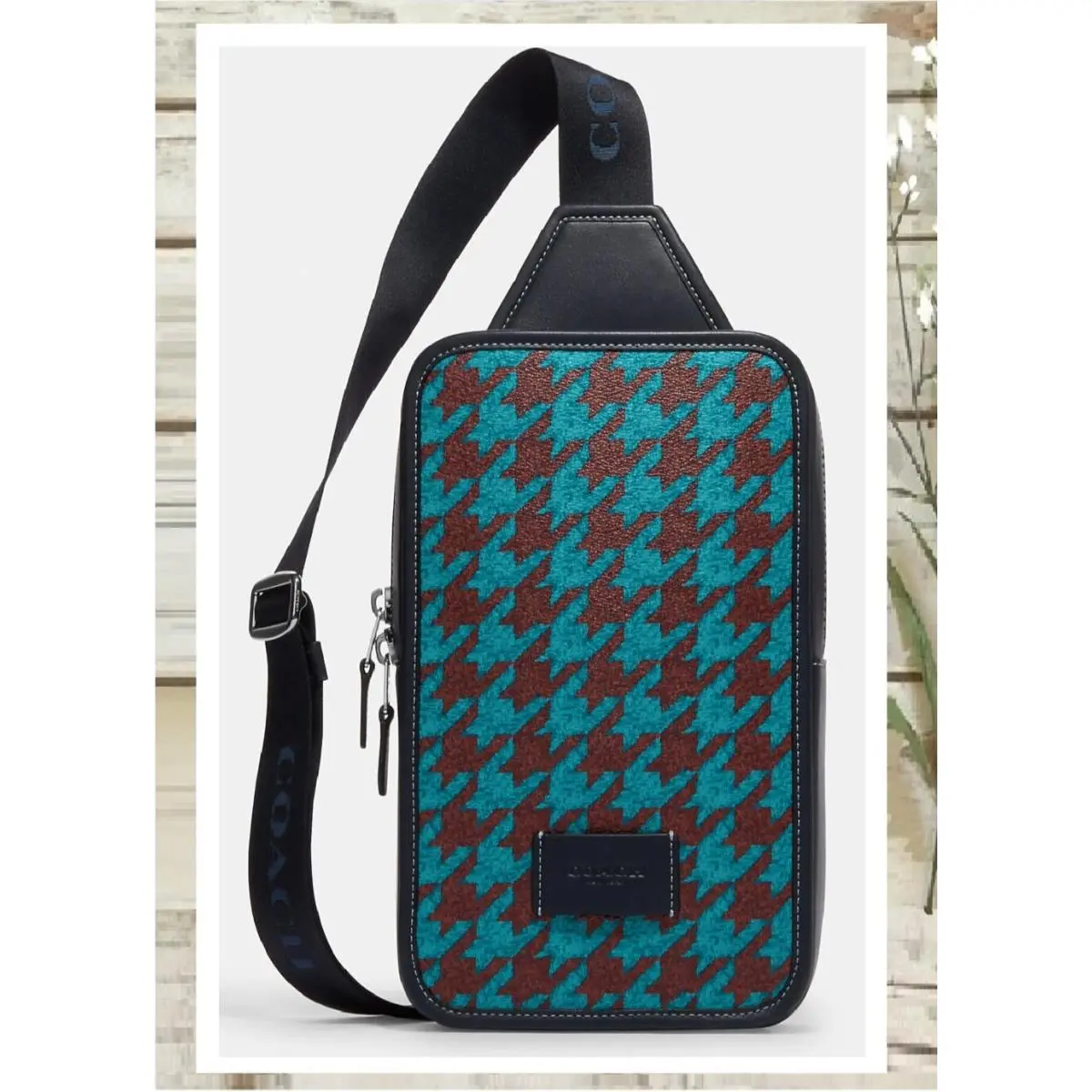 Sullivan Pack CJ588 Houndstooth Canvas Leather X-body In Teal Wine Svr by Coach