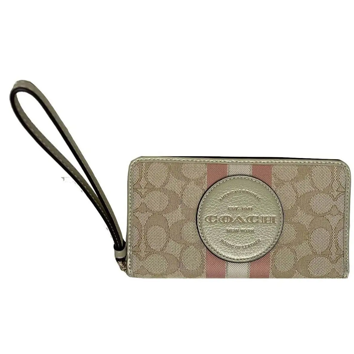 Coach Signature Khaki Jacquard Stripe Coach Patch Zip Around Wallet CF441 - Khaki Metallic Soft Gold