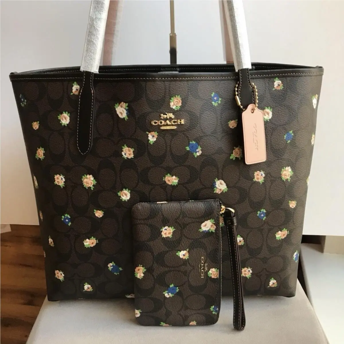 Coach Women`s City Tote In Signature Canvas - Im/brown Black Multi and Wristlet