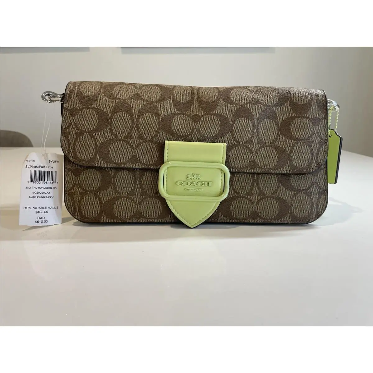 Coach CJ616 Morgan Shoulder Bag Signature Canvas Khaki Pale Lime Leather