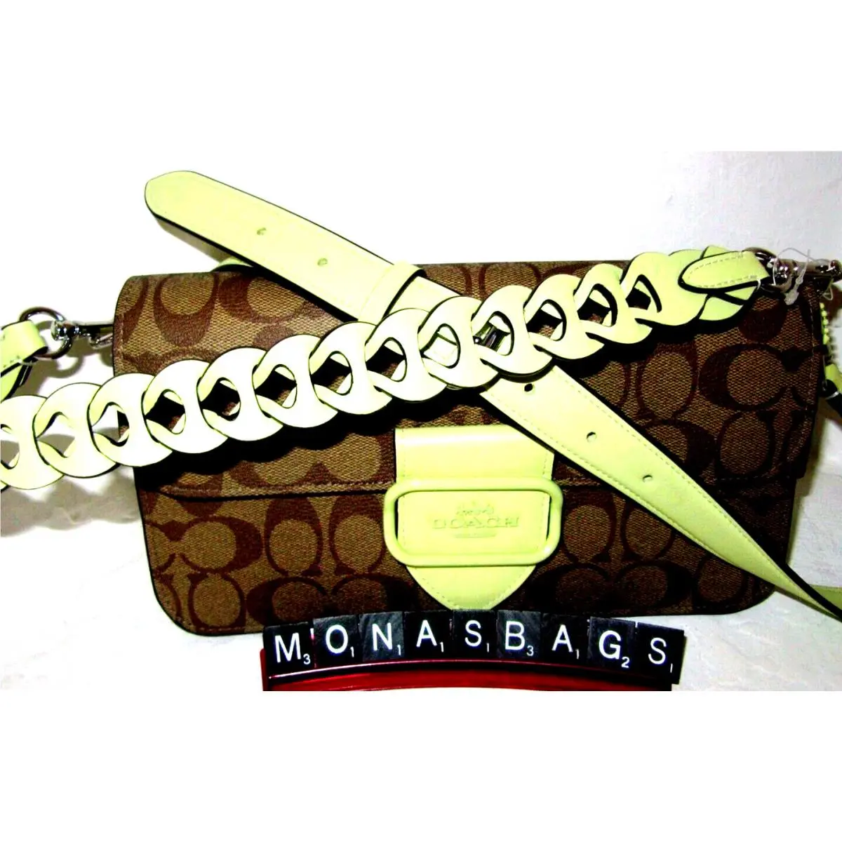 Coach CJ616 Morgan Shoulder Bag Khaki Signature Pale Lime Leather
