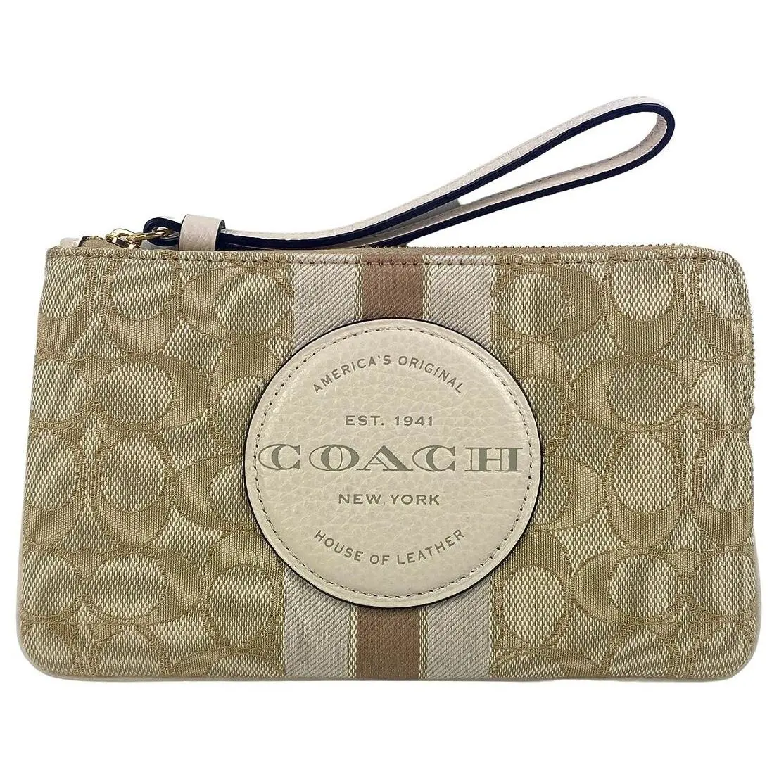 Dempsey Khaki Signature Jacquard Patch Stripe Canvas Large Wristlet by Coach