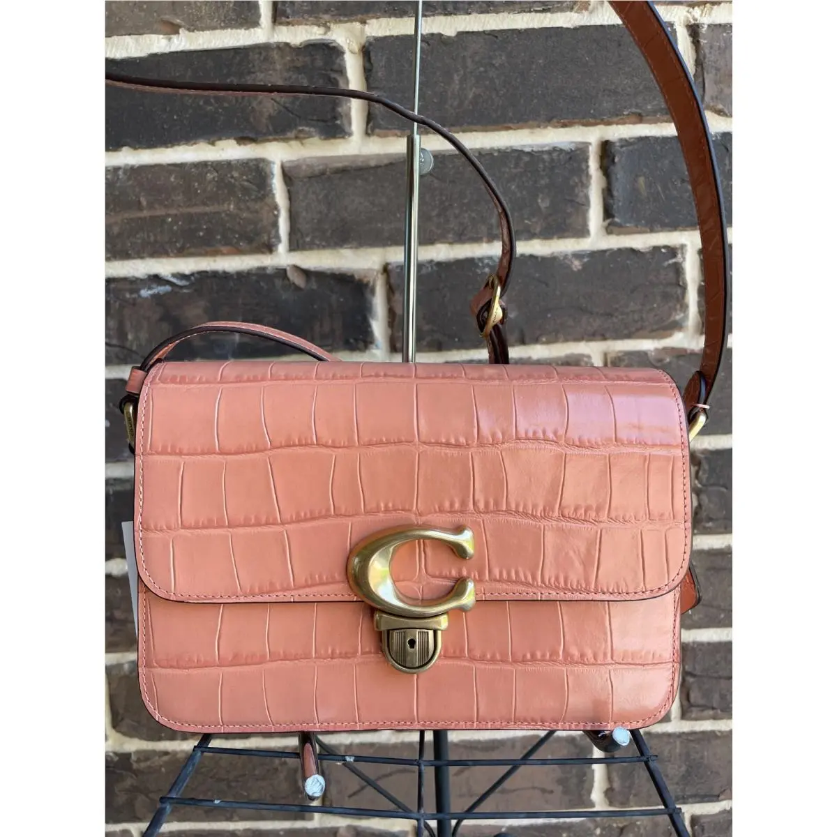 Coach Studio Shoulder Bag Brass/light Coral Crocodile Embossed Leather