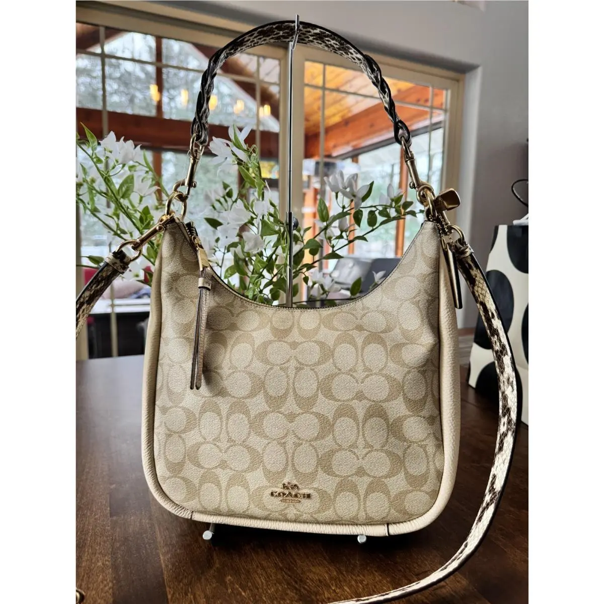 Coach Jules Hobo Pebble Snake-embossed Leather Bag Light Khaki/ivory C9191