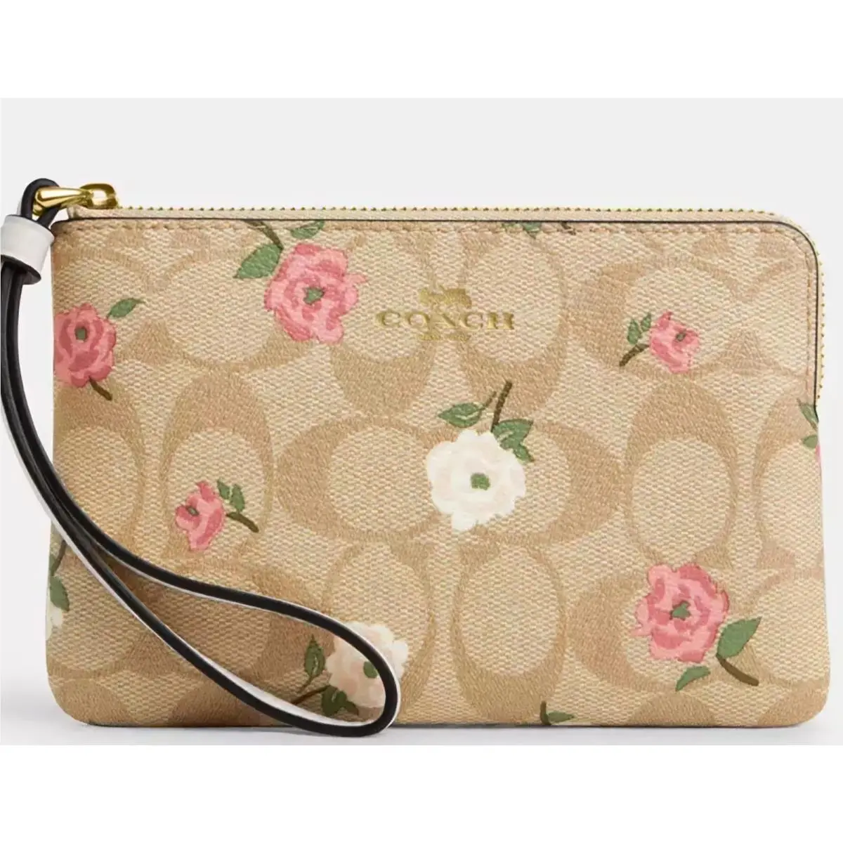 CR973 Coach Corner Zip Wristlet Floral Print Khaki Chalk Multi Wallet