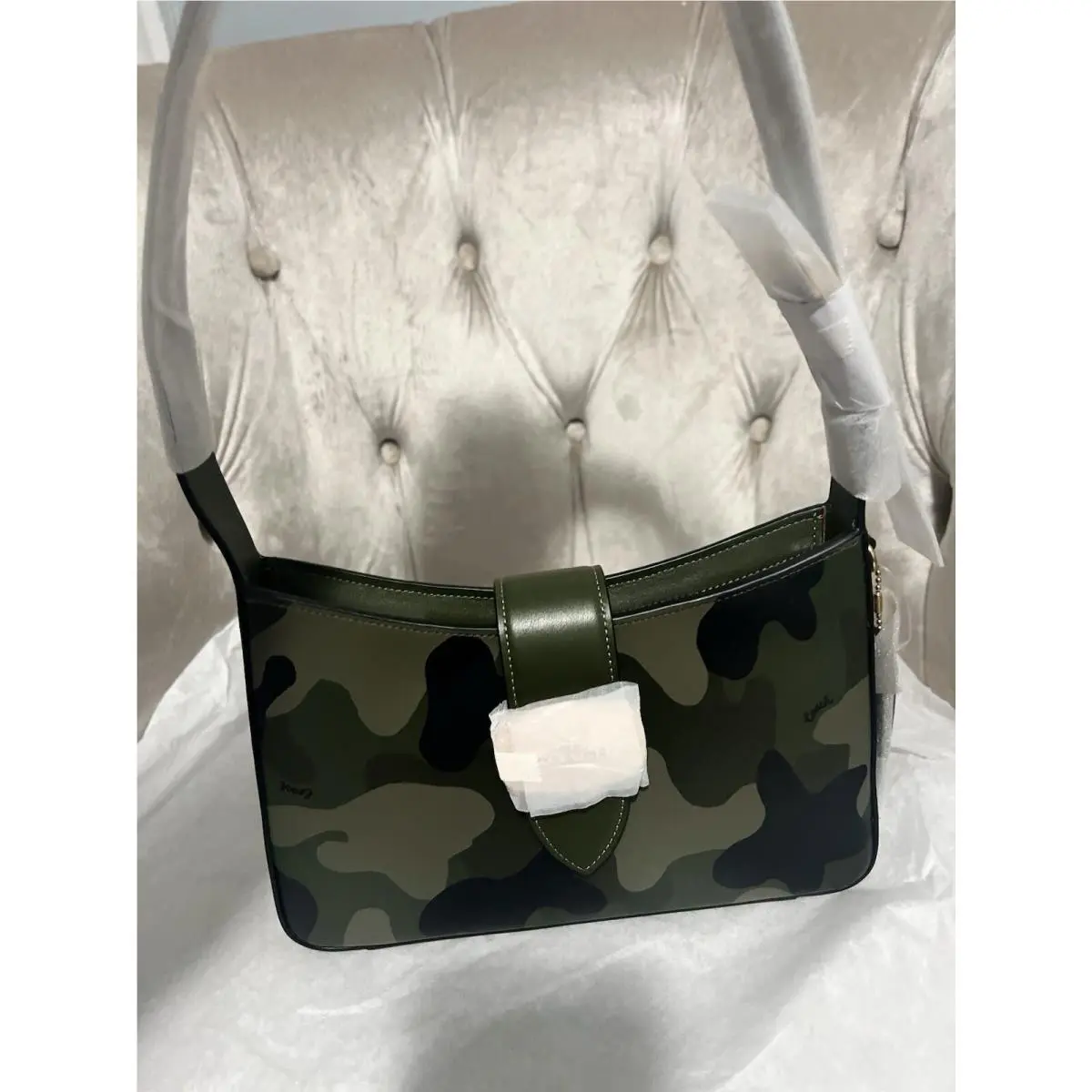 Coach Eliza Small Shoulder Hobo Bag Handbag Purse Zip Closure Camo Gold CV949