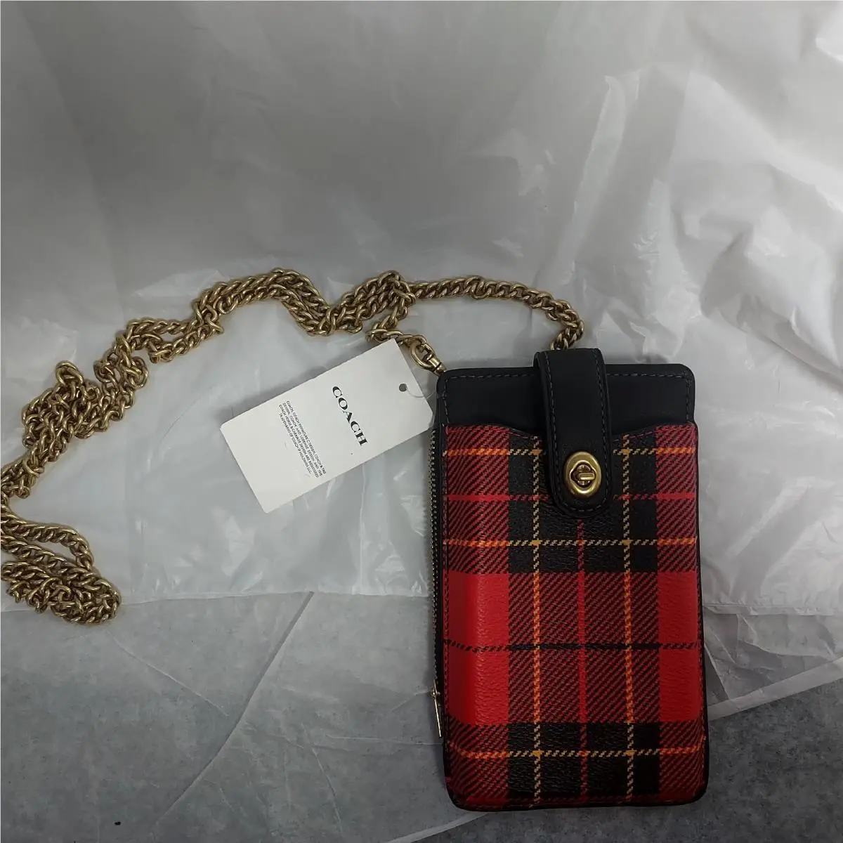 Coach CF240 Turn Lock Chain Phone Case Red Multi Plaid Crossbody Bag