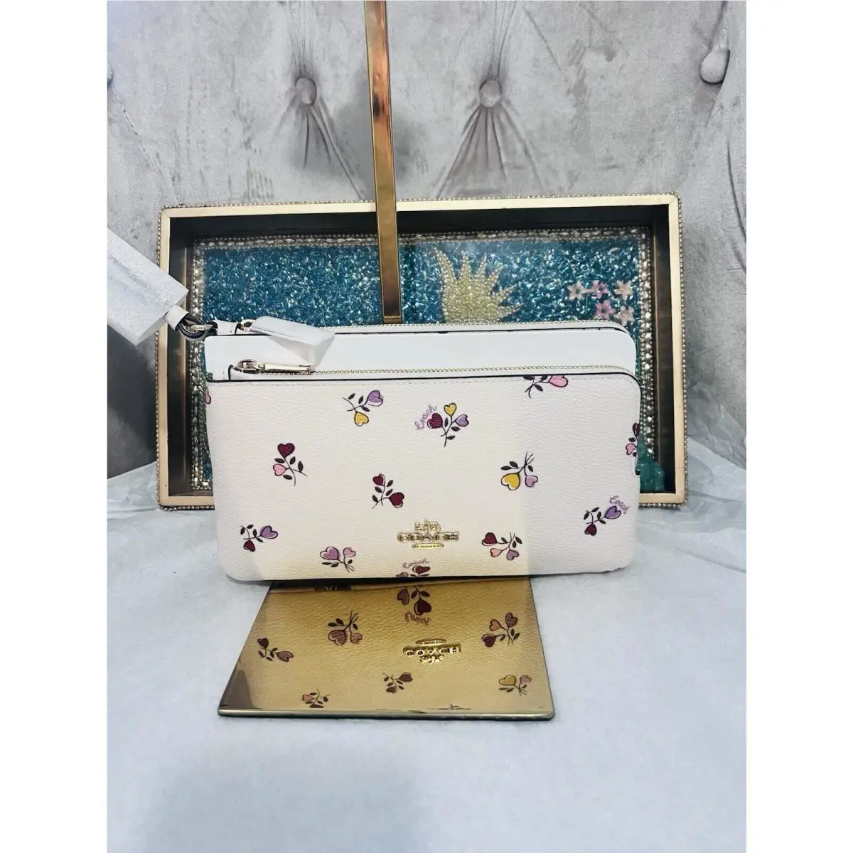 Coach Double Zip Wallet Valentine Heart Print Large Phone Wristlet CW969 Purse