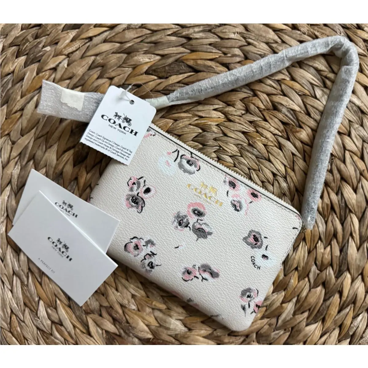 Cream Pink Floral Wildflower Wristlet F65188 Gold Leather Purse by Coach