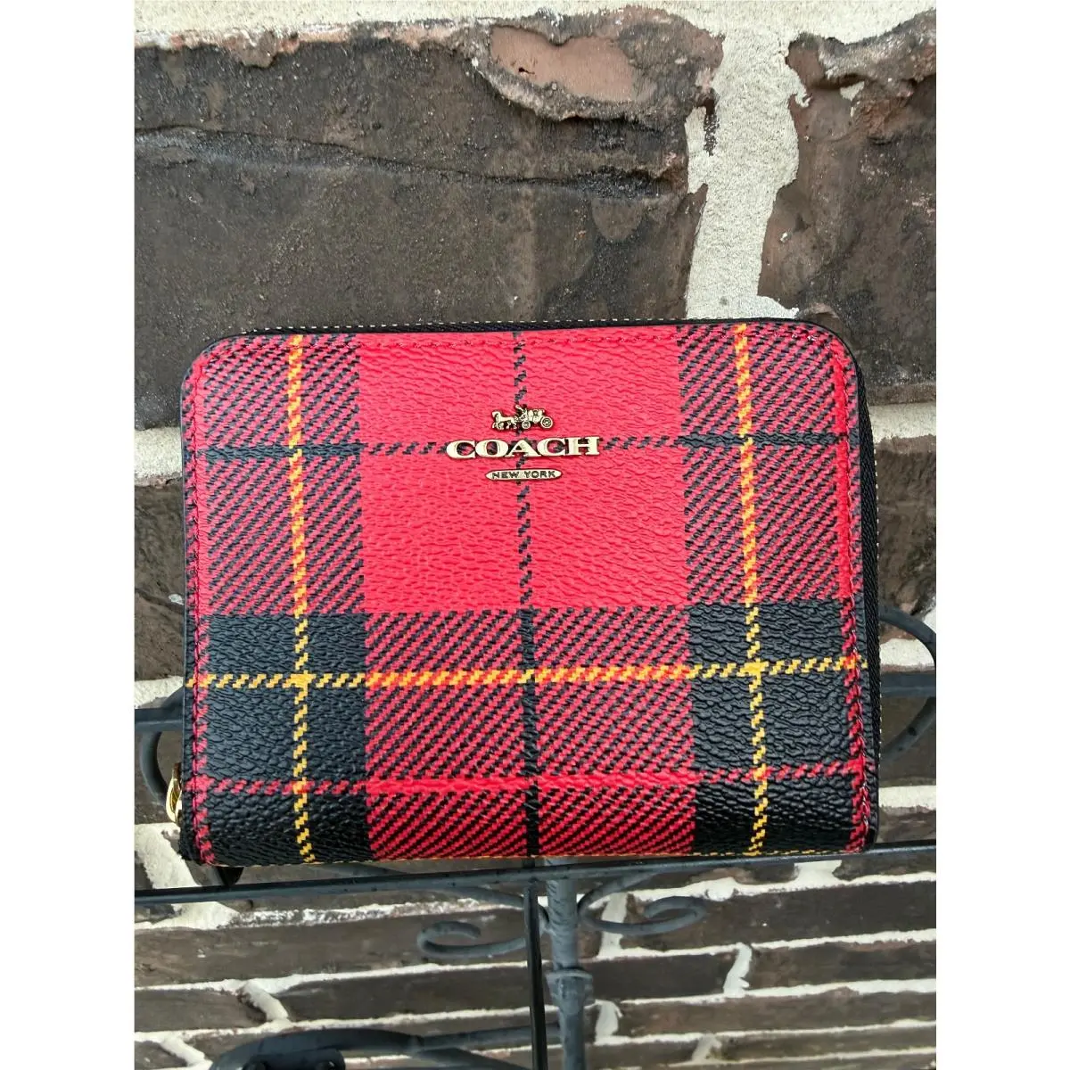 Novelty Plaid Zip Around Wallet Small Red Black Multi CF237B by Coach