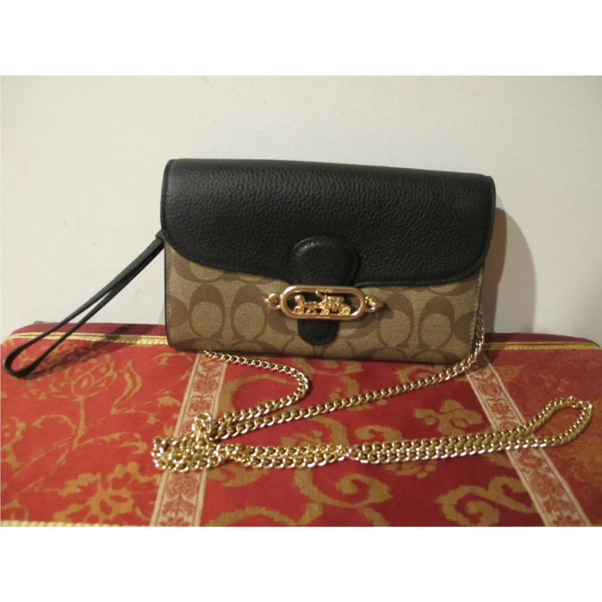 Coach Womens Khaki Black Chain Crossbody Signature Canvas Purse Bag Clutch 88101