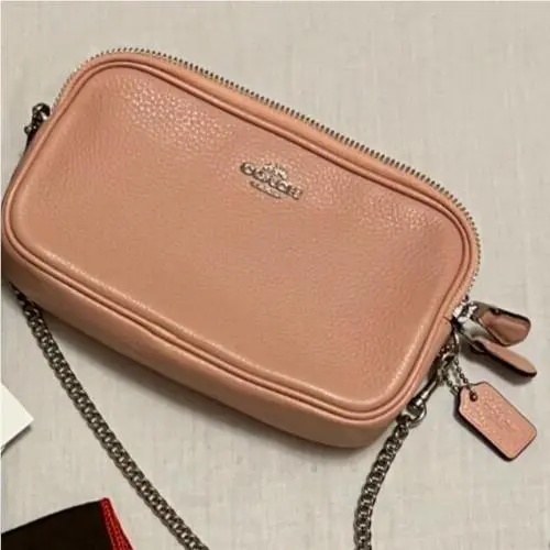 Coach Cross Body Pebbled Leather Pink Double Zipper Chain Pouch F72490