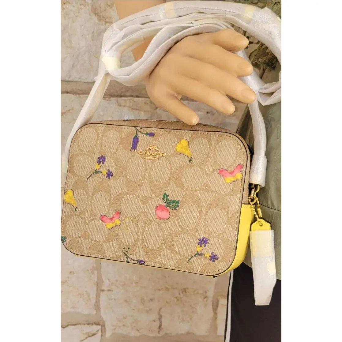 Coach Mini Camera Crossbody Butterfly Floral Dreamy Print Light Khaki Yellow