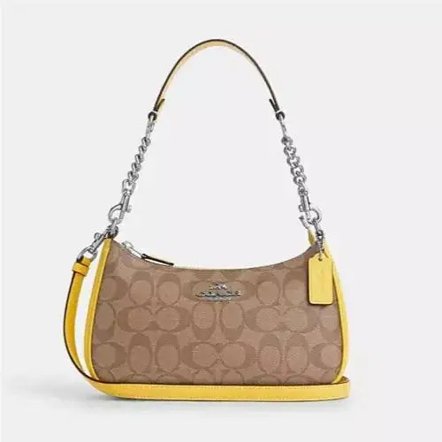 Coach Silver/khaki/retro Teri Signature Canvas Leather Shoulder Bag CA548