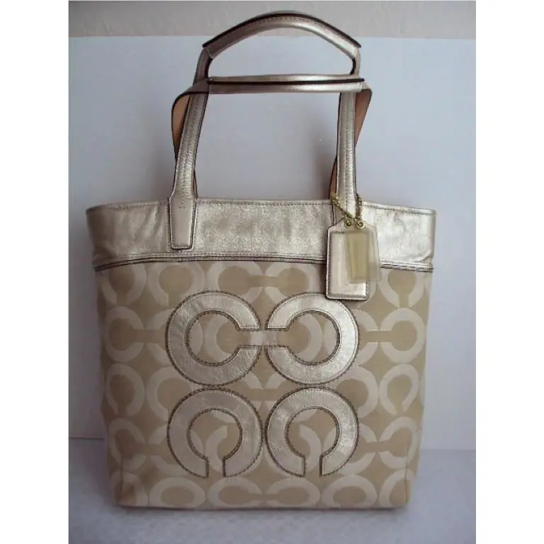 17035 Audrey Op Art Lurex Pique Leigh Slim Tote Tote Khaki/gold by Coach