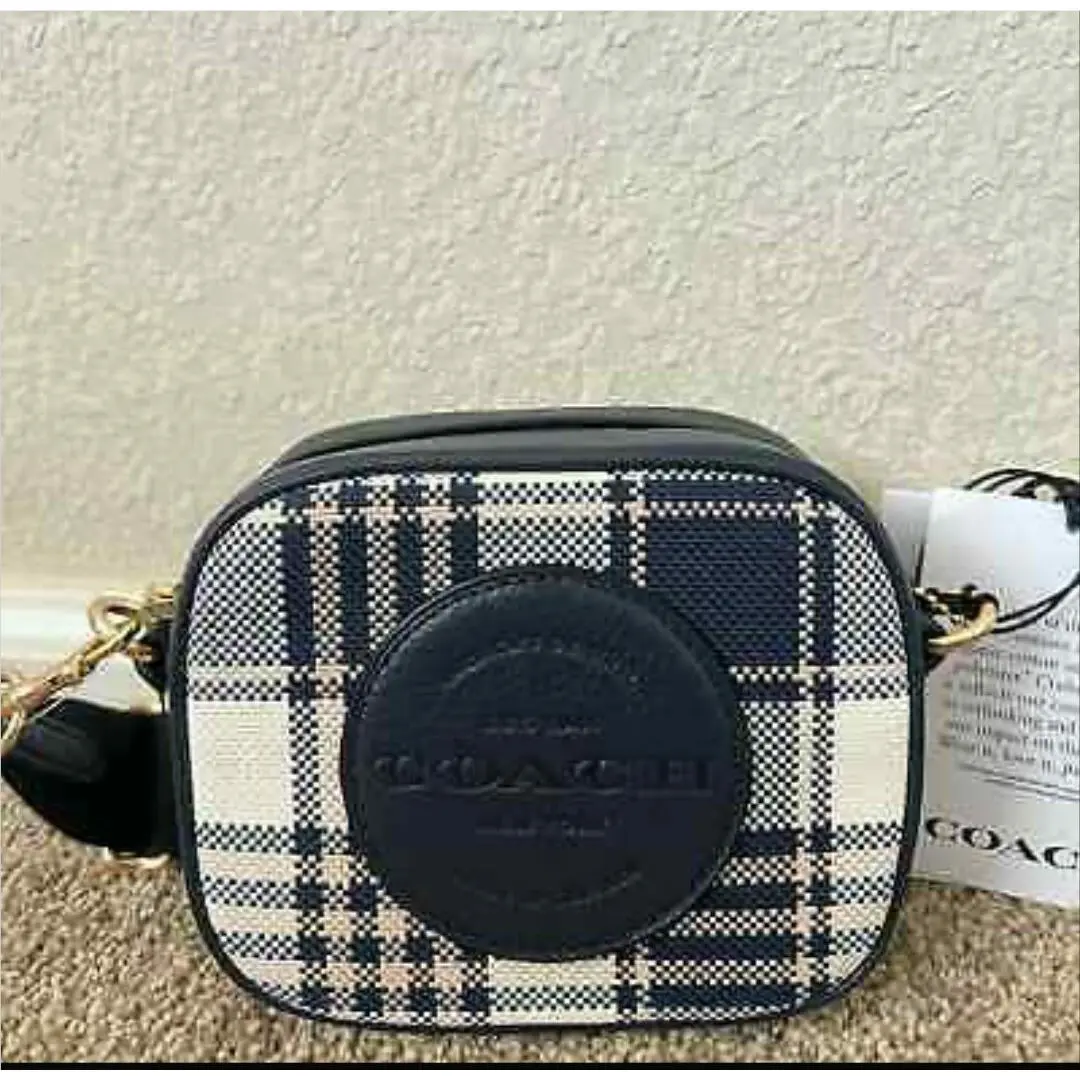 Coach Mini Dempsey Camera Bag with Garden Plaid Print and Coach Patch Midnight