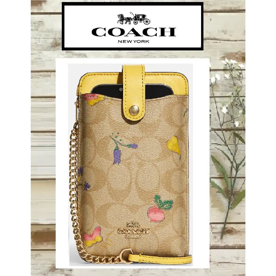 Coach North South Sig Dreamy Veggie Chain Phone X-body In Lt.khaki / Yellow
