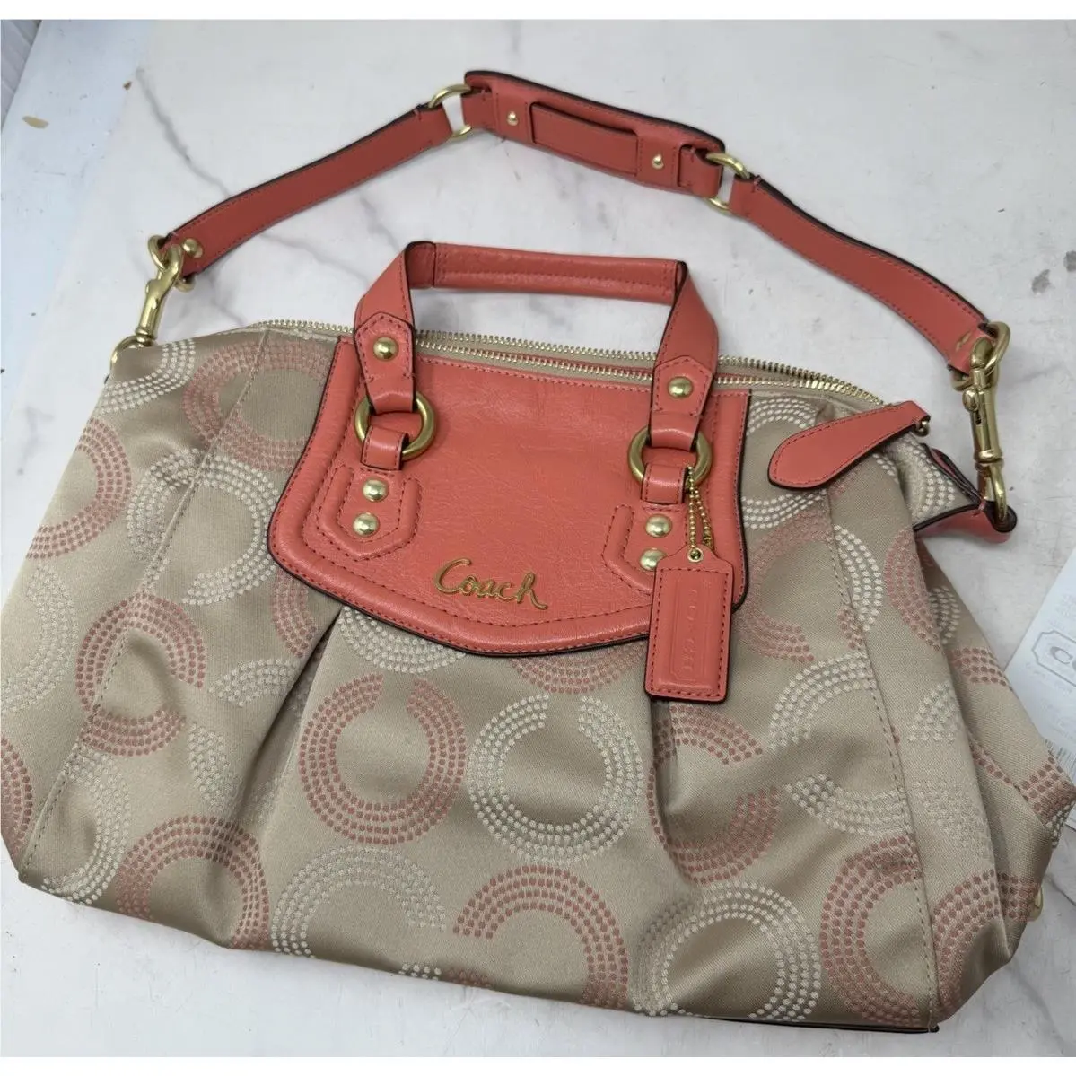 Coach F20027 Ashley Dotted OP Art Satchel IN Khaki/tearose W/og Receipts