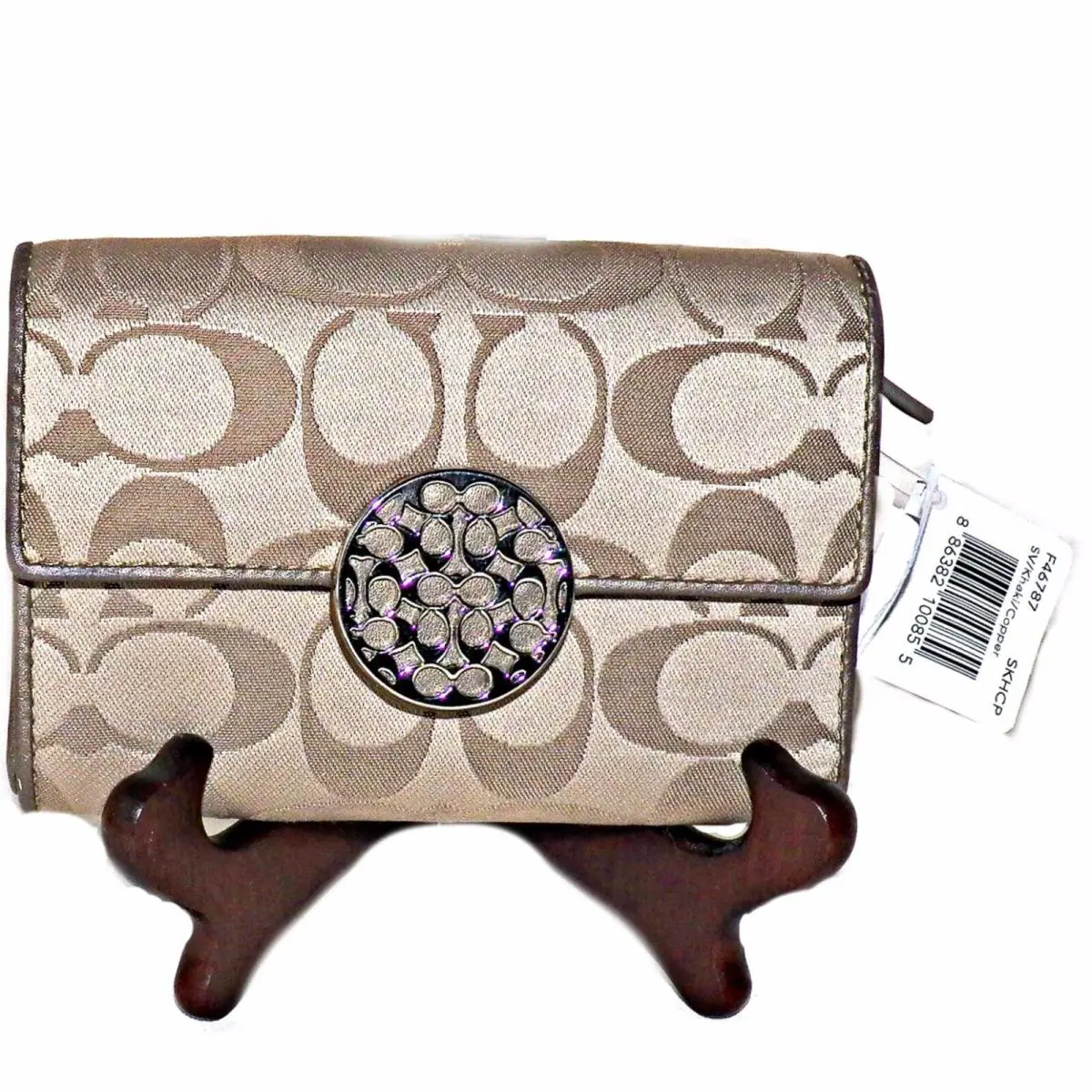 Coach Alexandra Shantung SV Khaki Fabric Beige Trim Trifold Clutch Wallet F4787 - Beige
