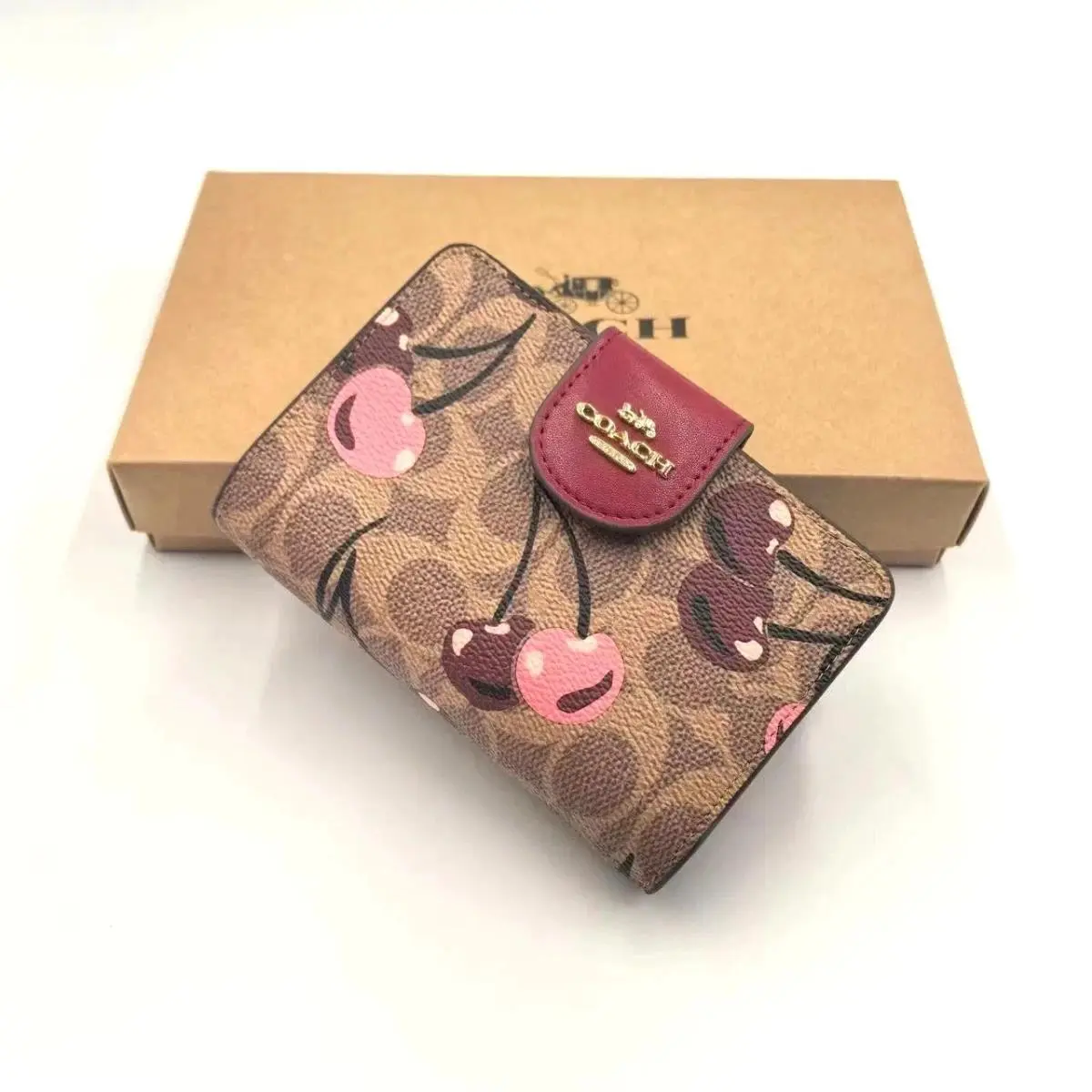 Coach Med Corner Zip Wallet Clutch CZ342 Brown Signature Canvas Cherry Print