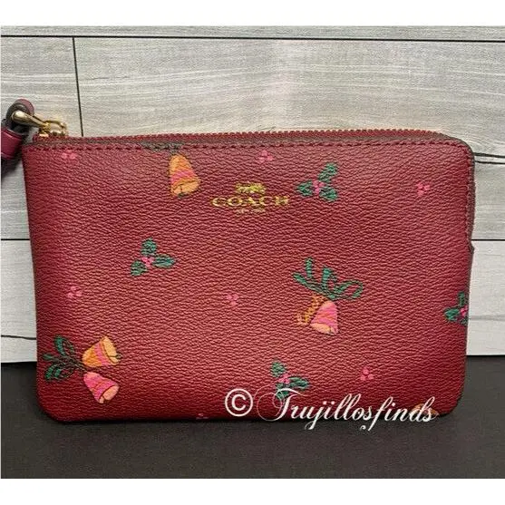 Coach Corner Zip Wristlet with Holiday Print Black Cherry CE920