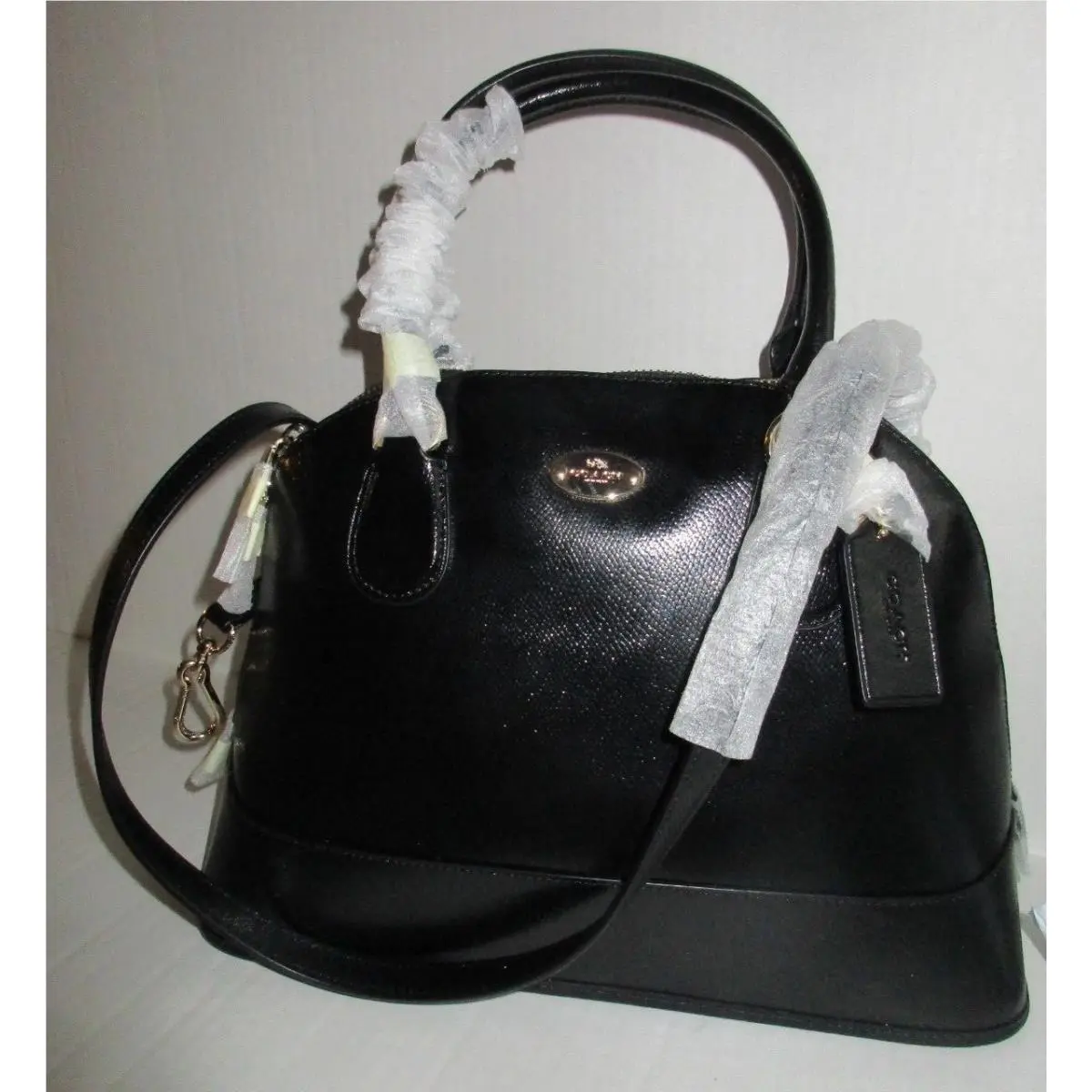 Coach F36703 Cora Crossgrain Patent Leather Domed Satchel Handbag Black