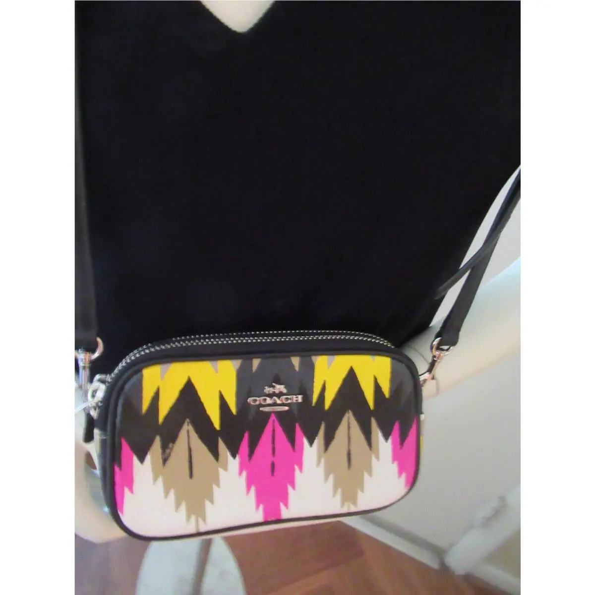 Coach Hawk Feathers Double Zippered Cross Grain Tiny Cross Body Pouch 53198