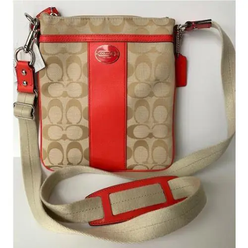 Coach Legacy Signature Swingpack Crossbody Bright Coral and Light Khaki