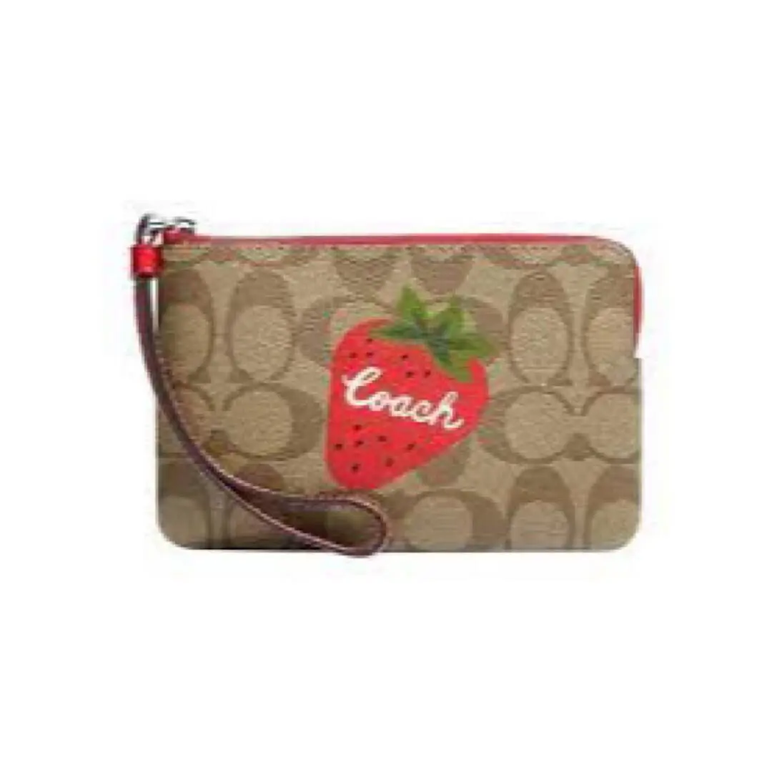 Coach Signature Corner Zip Wristlet Strawberry Print Khaki Style CH530