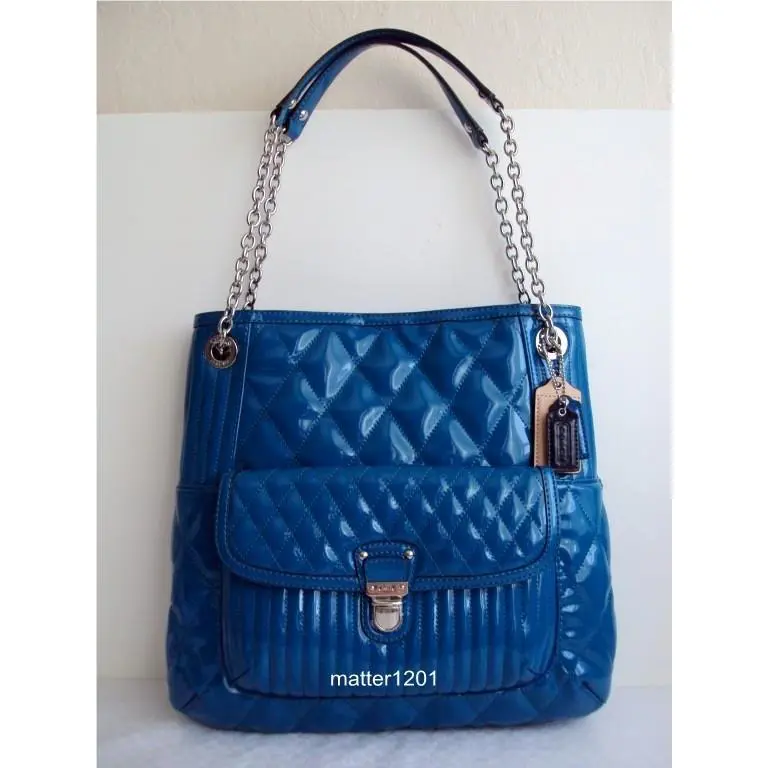 Coach F19830 Poppy Liquid Gloss Slim Tote Silver Teal