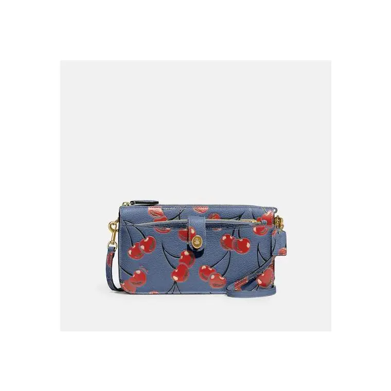 Coach Noa Pop Up Messenger Cherry Bag Leather Handbag Chambray Blue Red Purse NW