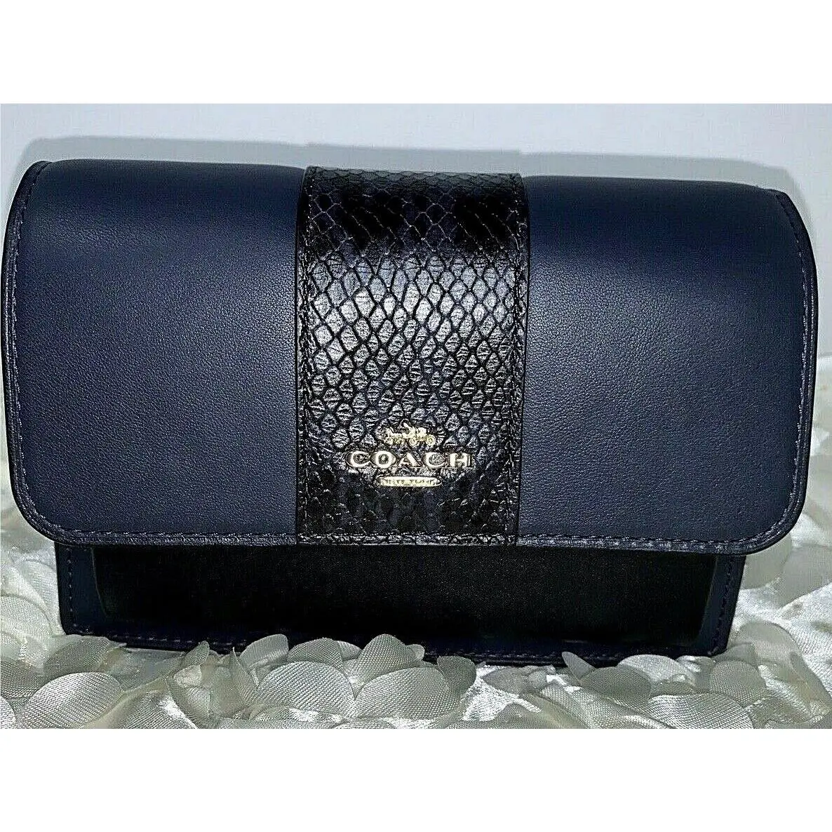 Coach Fold Over Snake Embossed Belt Bag Leather Midnight C5628
