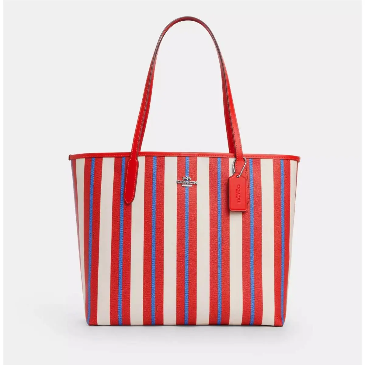 Coach City Tote with Stripe Print Large Silver/chalk Multi CT825