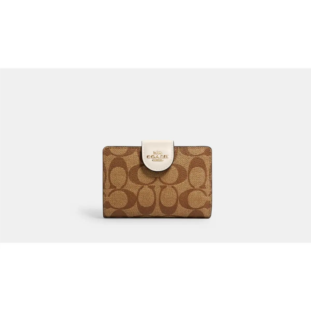 Coach Medium Corner Zip Wallet Signature Khaki Brown Chalk Gold Leathertrim