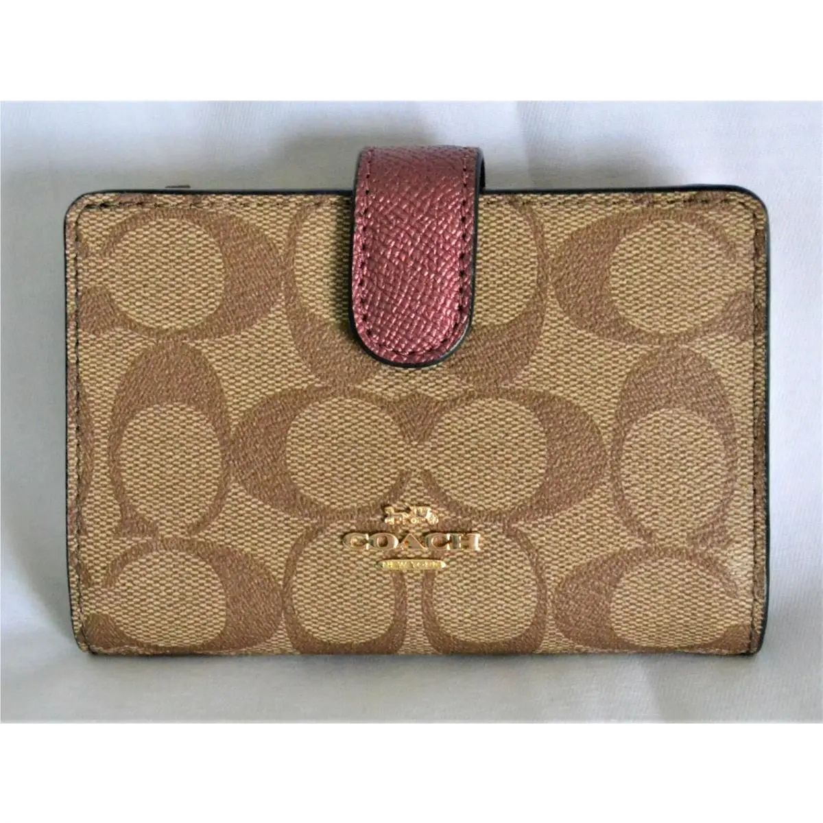 Coach F23553 Signature Pvc Medium Coin Zip Wallet Khaki Metallic Wine