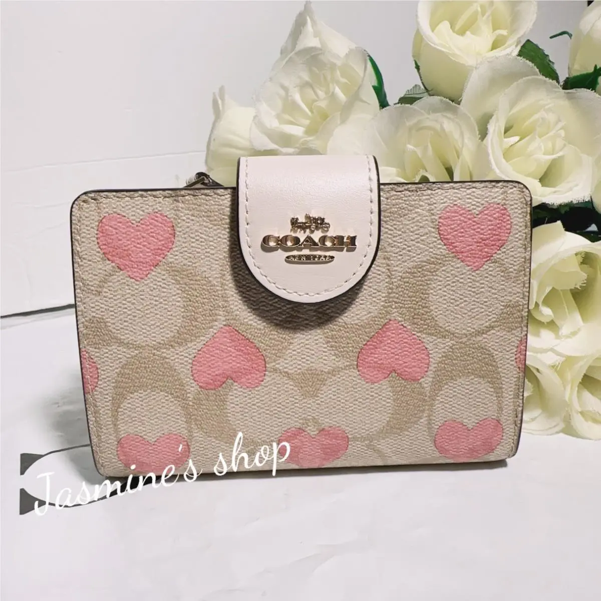 Coach Medium Corner Zip Wallet In Signature Canvas with Heart Print CQ146