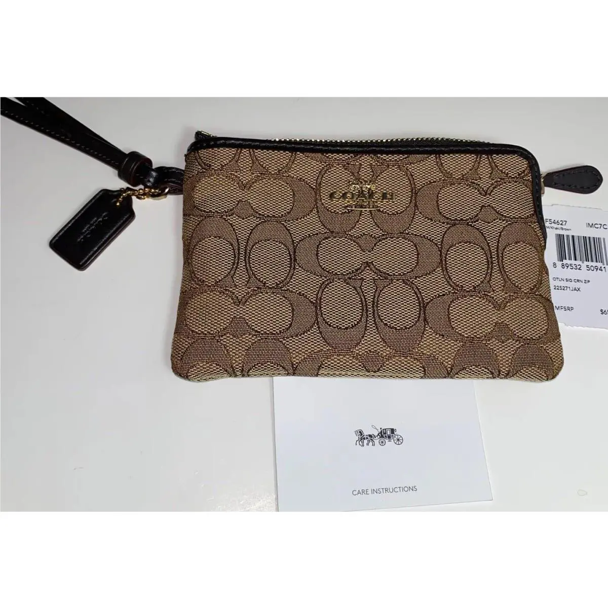 Coach Signature Logo Corner Zip Wristlet Khaki/brown Cloth Leather