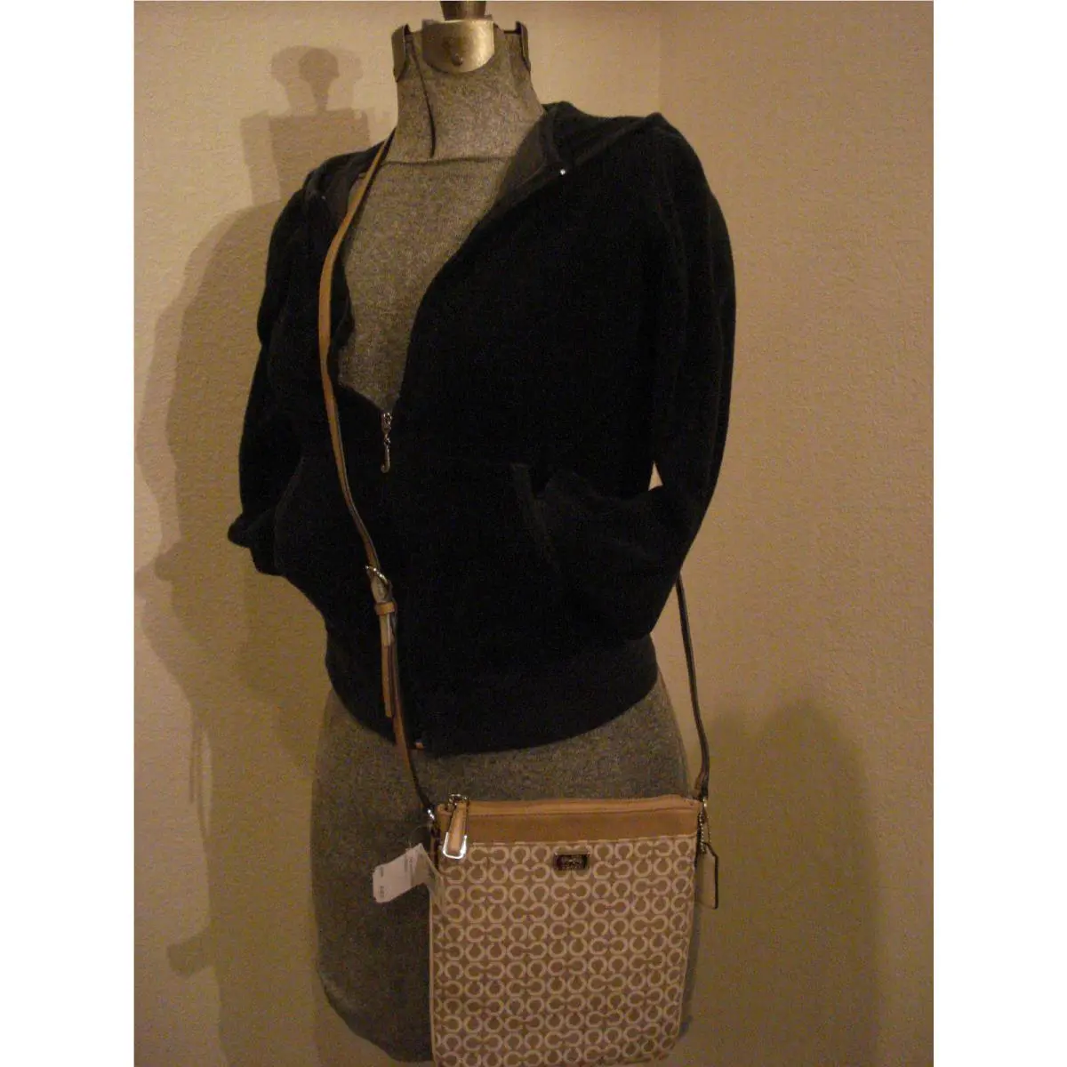 Coach Signature Madison OP Art Needlepoint Swingpack IN Warm Khaki - F49746