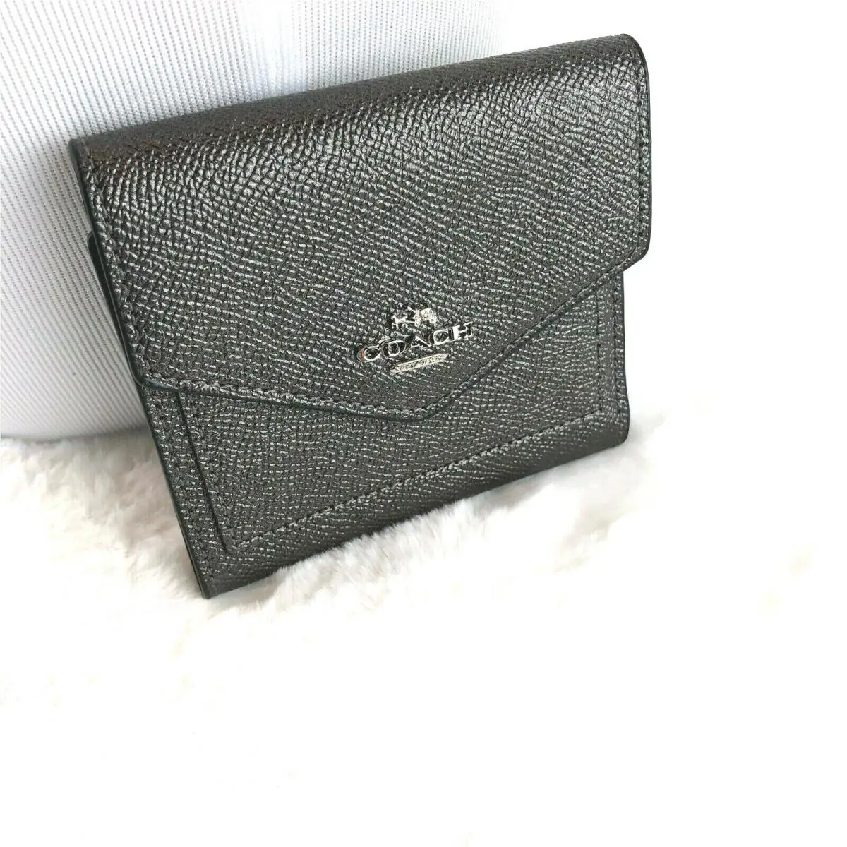 Coach Crossgrain Leather Small Trifold Wallet Met Gray 59972 Retail