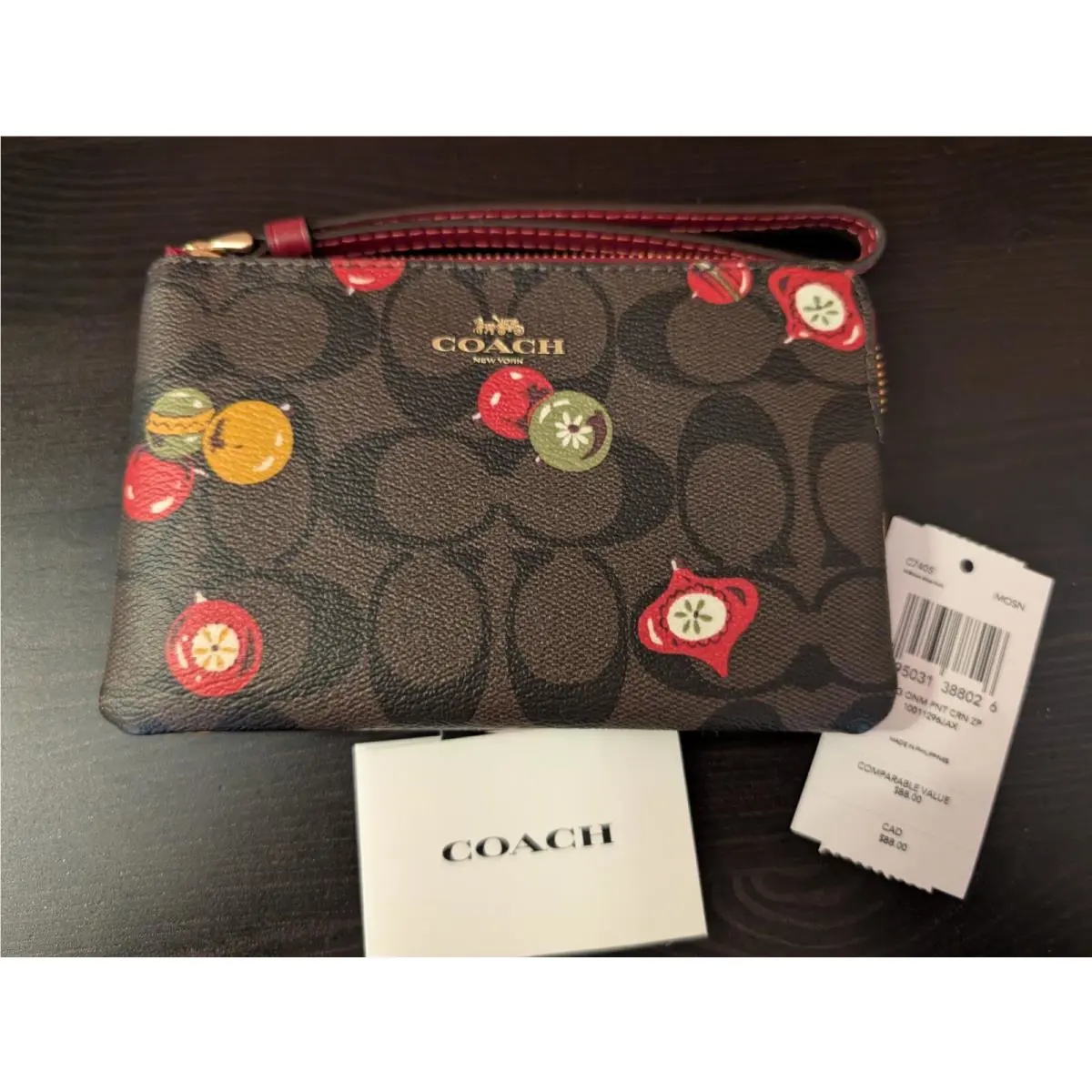 Coach Corner Zip Wristlet In Signature Canvas with Christmas Ornament Print