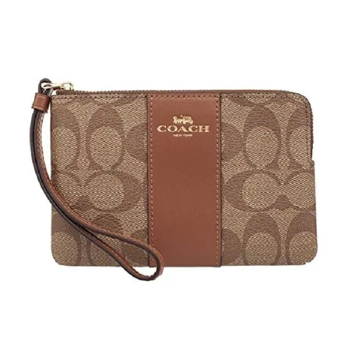 Coach Signature Pvc Leather Corner Zip Wristlet Medium Khaki/saddle - Handle/Strap: Brown, Exterior: Khaki, Lining: Brown