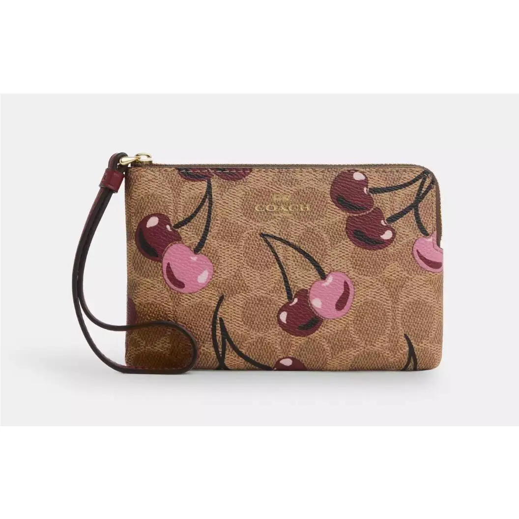 Coach Cherry Print Tan Multi Signature Canvas Corner Zip Wristlet CZ450 Cherries