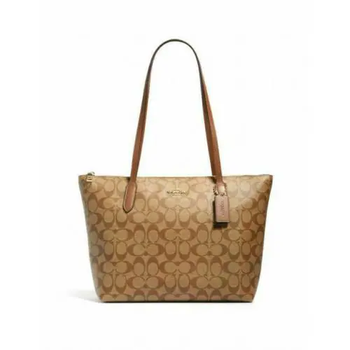 Coach Signature Top Zip Tote Bag 4455 Khaki Saddle