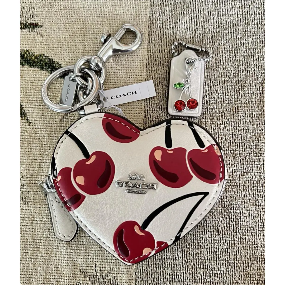 Coach Chalk Heart Cherry Print Coin Pouch Bag Charm w/ Red Cherry Charm