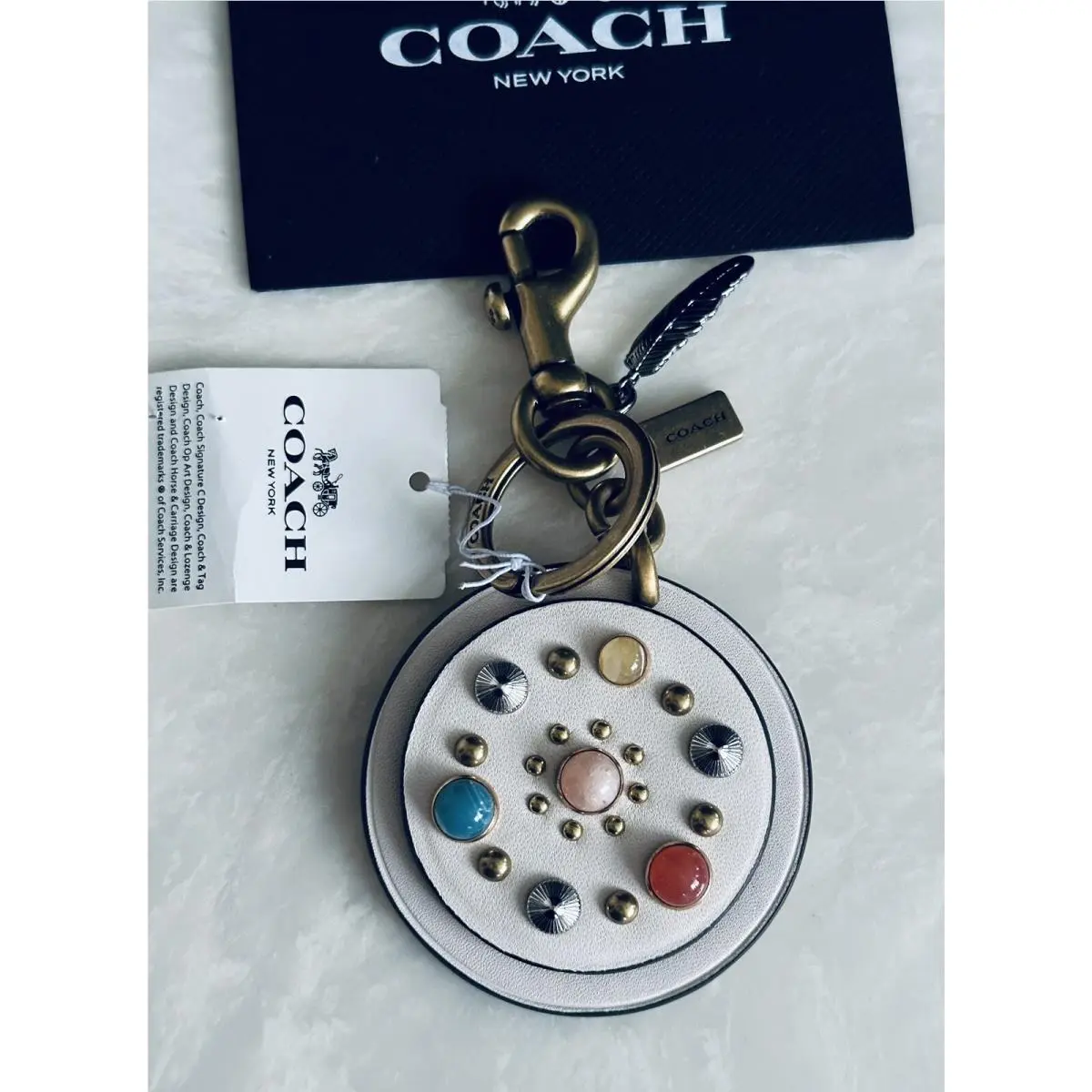 Coach Multi Colored Stones/feather Chalk Round Bag Charm Fob 67448