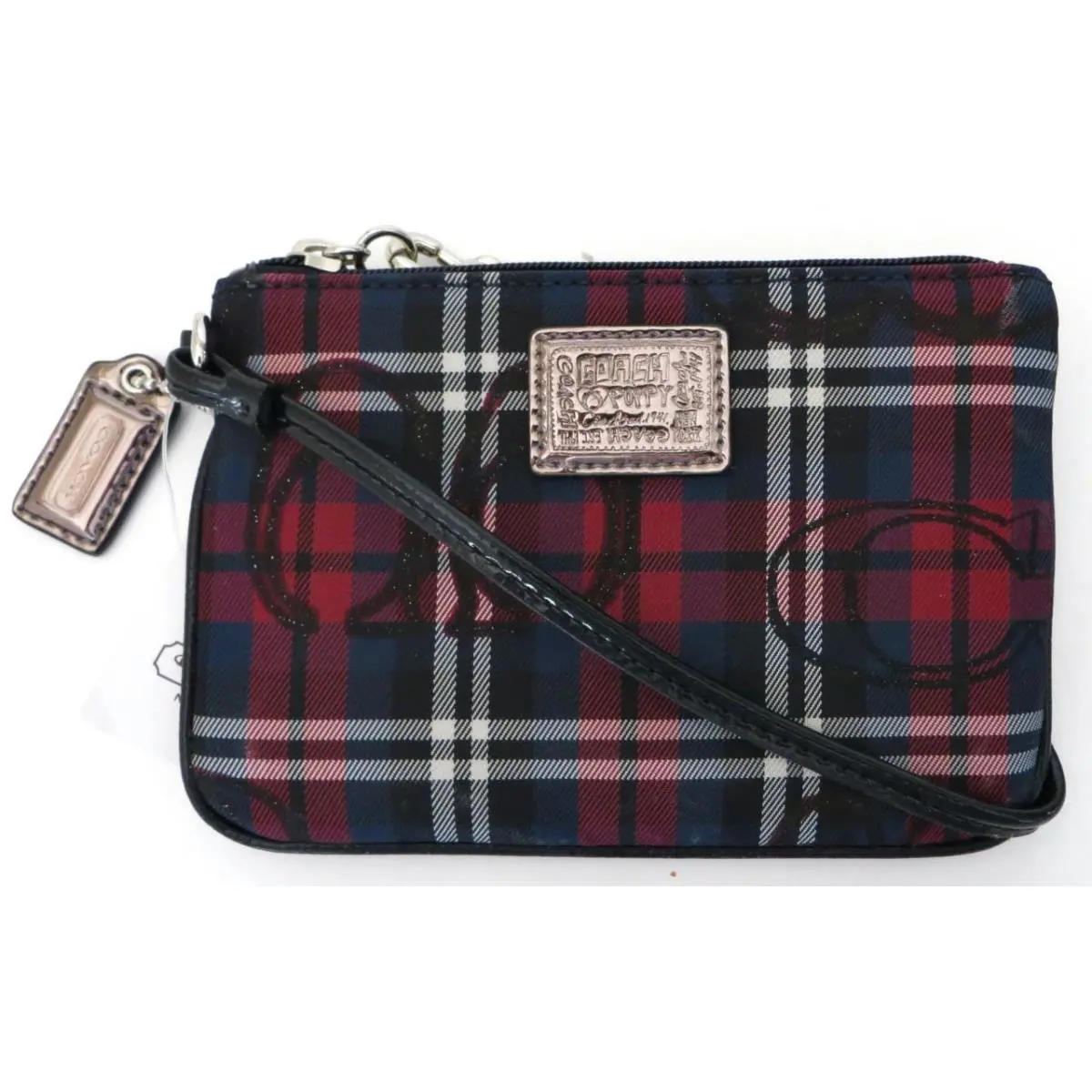 Coach Poppy Red Black Navy Shimmering Tartan Plaid Wristlet Wallet Purse