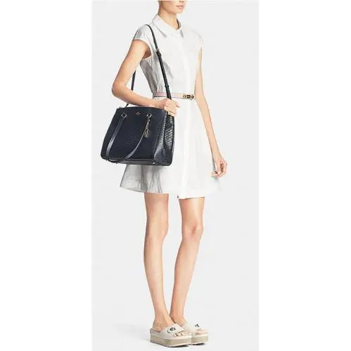 Vintage Coach 36879 Stamped Snakeskin Stanton Carryall Navy Leather Handbag