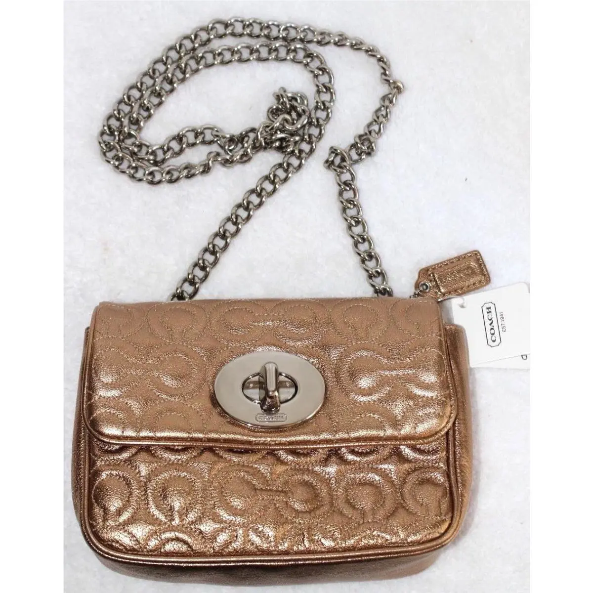 Coach Gold Signature Leather Shoulder Bag W/silver Chain Strap F42727